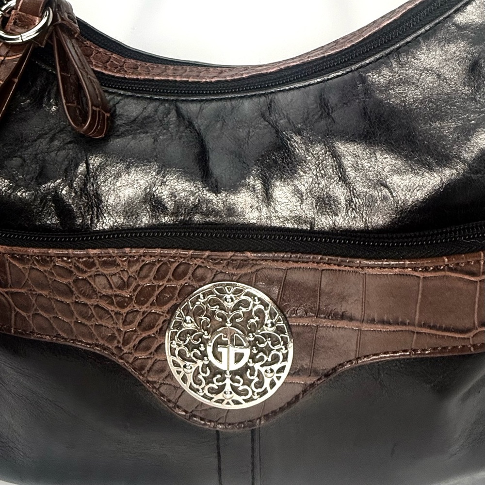 GIANI BERNINI Black Leather w/Brown  Faux Alligator Classic Style Shoulder Bag